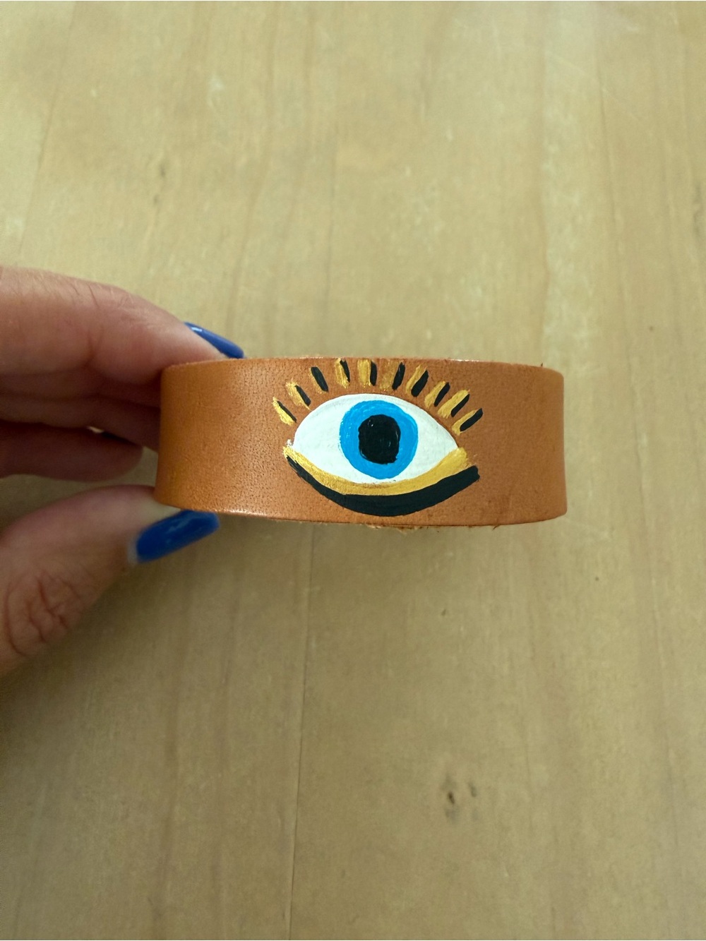 Hand-Painted Brown Leather Evil Eye Bracelet with snap closure